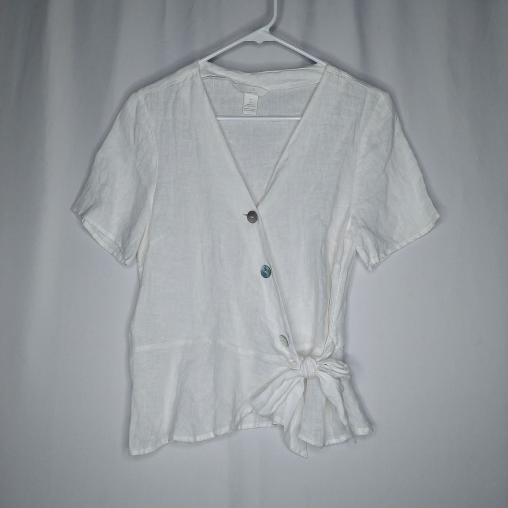 H&M Linen Tie‎ Wrap Top Small White Short Sleeve Pearl Button V-Neck Asymmetric